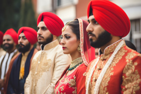 Indian wedding with people wearing traditional costumes, photo shoot in outdoors. Generative AIの素材