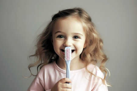 Little girl holding toothbrush and looking at camera. Isolate studio shot background. Generative AIの素材