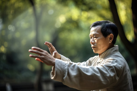 Chinese senior man doing tai chi outdoors. Generative AIの素材