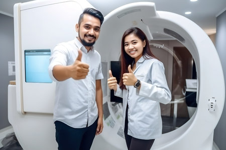Female radiologists and male patient looking at camera with a smile after tomography. Generative AIの素材