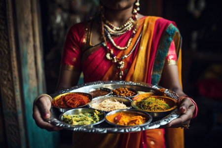 Faceless shot of Indian woman holding traditional tandoori food. Generative AIの素材