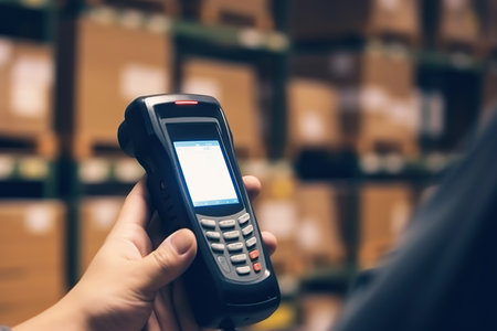 Close up shot of bar code scanners digital device for logistic warehouse. Generative AIの素材