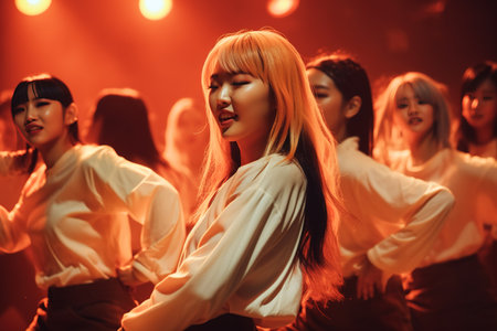 K-pop girl group dancing on concert. Close up shot. Generative AIの素材