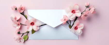 Layout of pink background with envelope and cherry blossom flowers. Generative AIの素材