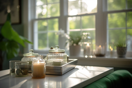 Serenity living room concept. Close up shot of candles. Generative AIの素材