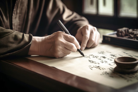 Close up shot of male hands writing Chinese text with ink and vintage paper. Generative AIの素材