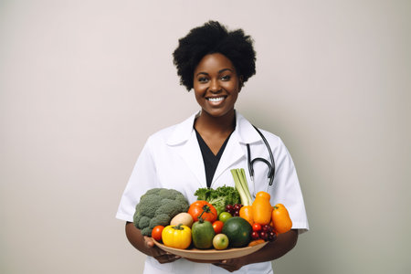 African American nutritionist holding bowl of fresh vegetables over isolated studio shot background. Generative AIの素材