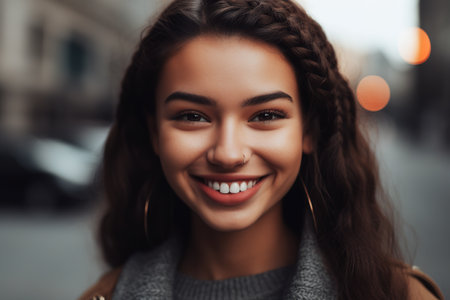 Portrait street shot of Generation Z Hispanic young girl smiling and looking at camera. Generative AIの素材