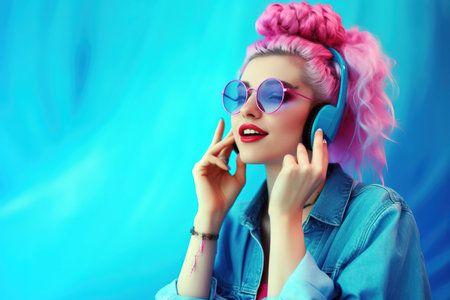 Young cool girl with pink hair and stylish sunglasses listening to music with headphones over blue background with copy space. Generative AIの素材