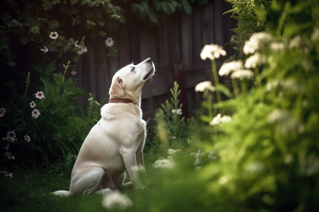 Dog relaxing in the garden and smelling fresh air. Generative AIの素材