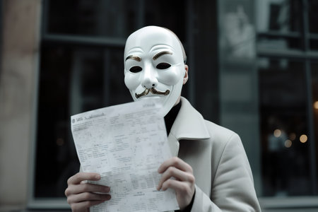 Person wearing doppelganger mask and holding paperwork and showing to the camera. Generative AIの素材