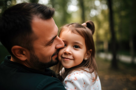Dad kissing her little daughter while going for a walk in the park. Generative AIの素材