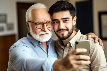 Senior man taking selfie with smart phone with his young adult son. Generative AIの素材