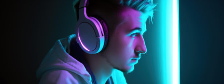 Side view portrait of gamer boy with headphones with neon fluorescent backlight. Generative AIの素材