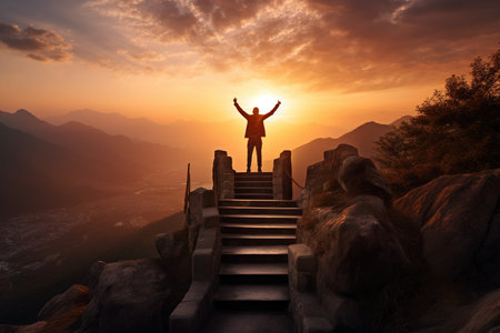 Man reaching top of mountain by sunset. Epic triumph concept. Generative AIの素材