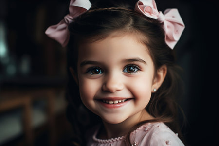 Front view portrait of charming little girl looking at smiling at camera. Generative AIの素材