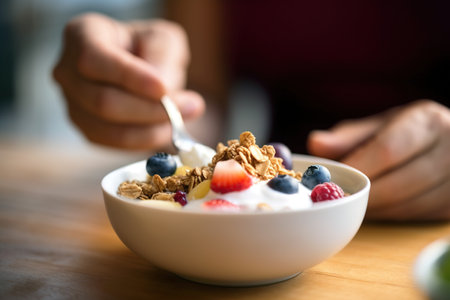 Delicious healthy and energetic bowl of yogurt and cereals. Generative AIの素材