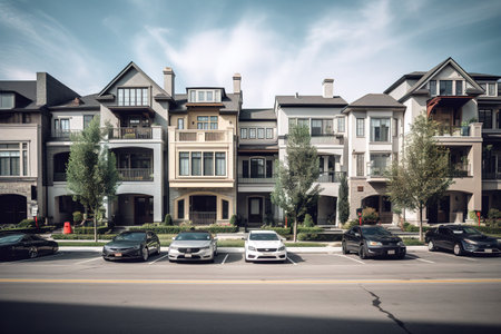 Front view of residential building in suburban area. Generative AIの素材
