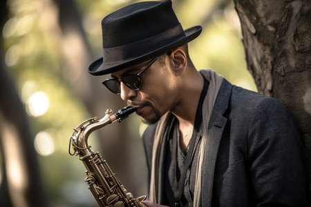 Street musician playing saxophone in park in outdoors. Generative AIの素材