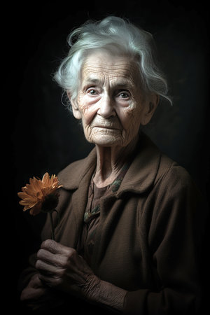 Portrait photograph of an 80 year old woman holding a wilted flower and looking at the camera. Dark background. Generative AI vertical shotの素材