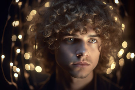 Attractive teenage boy with curly air portrait. Bokeh light as background. Generative AIの素材