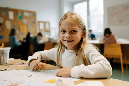 Happy little blonde hair schoolgirl drawing at school. Generative AIの素材