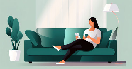 Flat design illustration sitting on the sofa using smartphone and tablet. Green palette. Generative AIの素材