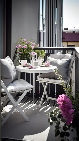 Cute home exterior deco in balcony desk with chair and tables and flowers. Generative AI vertical shotの素材