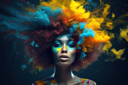 Surreal portrait of afro woman with colorful painting on face and hair. Generative AIの素材