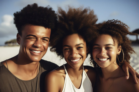Young African American father with his teenage daughters at the beach. Generative AIの素材