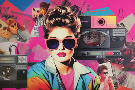 Colorful 80s style collage of girl wearing stylish sunglasses. Generative AIの素材