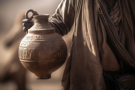 Close up shot of water holding old ceramic jug crossing the desert. Generative AIの素材