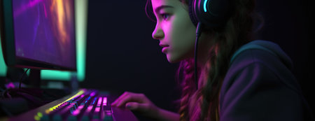 Young girl gamer concentrate playing video games wearing headphones over purple neon light backlight. Generative AIの素材