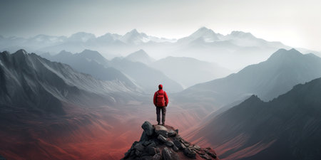 Adventure and sport conceptual banner of man at top of the mountain looking at amazing landscape view. Generative AIの素材