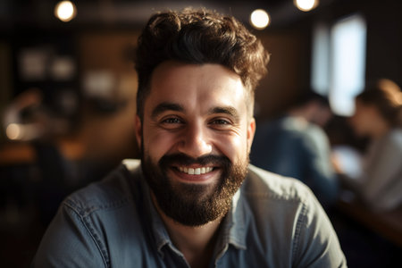 Cheerful Hispanic man portrait at the bar. Headshot, close up. Generative AIの素材