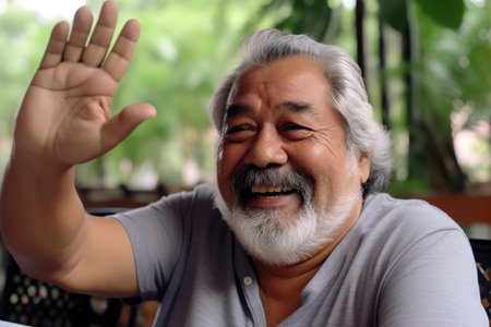 Mature Latin American man waving hands. Close up head shot. Generative AIの素材