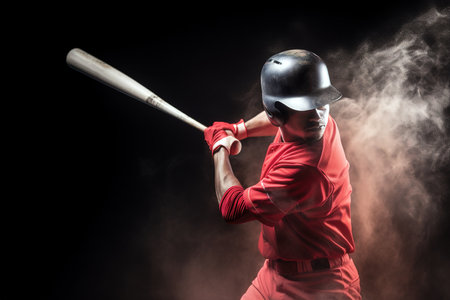 Studio shot of professional baseball player dressed in red over dark background. Generative AIの素材