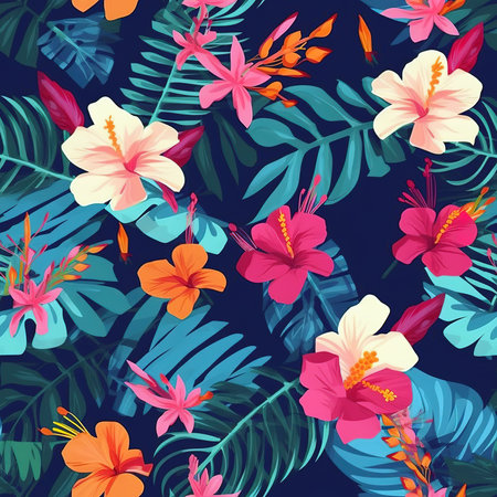 Colorful tropical floral pattern. Generative AI illustrationの素材