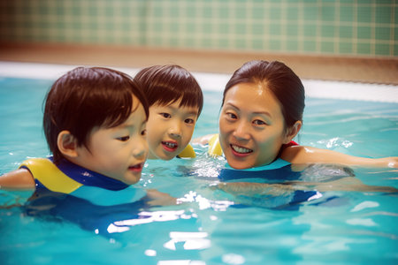 Asian children learn to swim with instructor in indoor swimming pool. Generative AIの素材