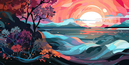 Surreal abstract digital illustration of colorful landscape sunset by the sea. Generative AI illustrationの素材