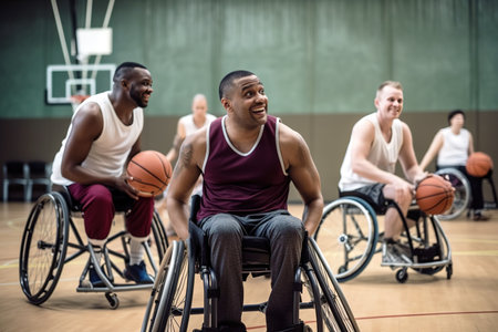 Group of men in wheelchair playing basketball. Minorities and diversity concept. Generative AIの素材