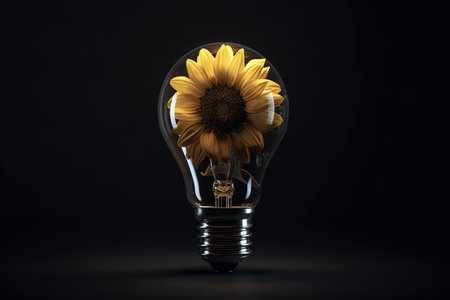 Sunflower inside lightbulb over black background. Generative AIの素材