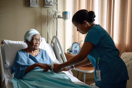 Nurse checking on senior old woman in hospital. Generative AIの素材