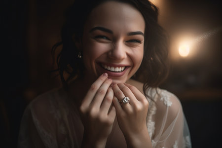 Happy radiant woman portrait over dark background and looking at camera. Generative AIの素材