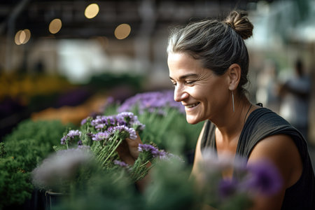 Happy woman working in flower garden. Generative AIの素材