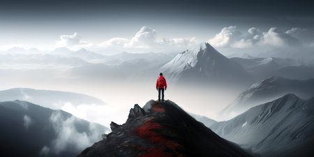Hiker posing at top of mountain with amazing scenic panoramic landscape. Generative AIの素材