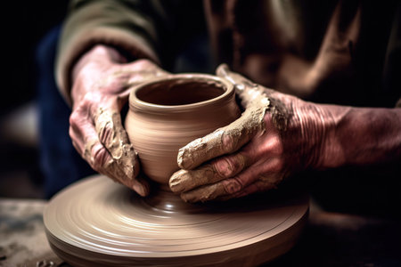 Hands of pottery artist working, unrecognizable person, close up shot. Generative AIの素材