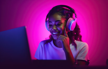 African American young woman using headphones and laptop under fluorescent pink neon lighting. Generative AIの素材