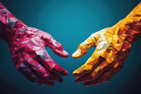 Colorful 3D geometric hands interacting with each other over blue background. Generative AIの素材