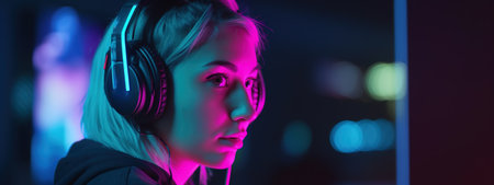 Head shot portrait of young gamer girl wearing headphones over colorful fluorescent neon background. Generative AIの素材